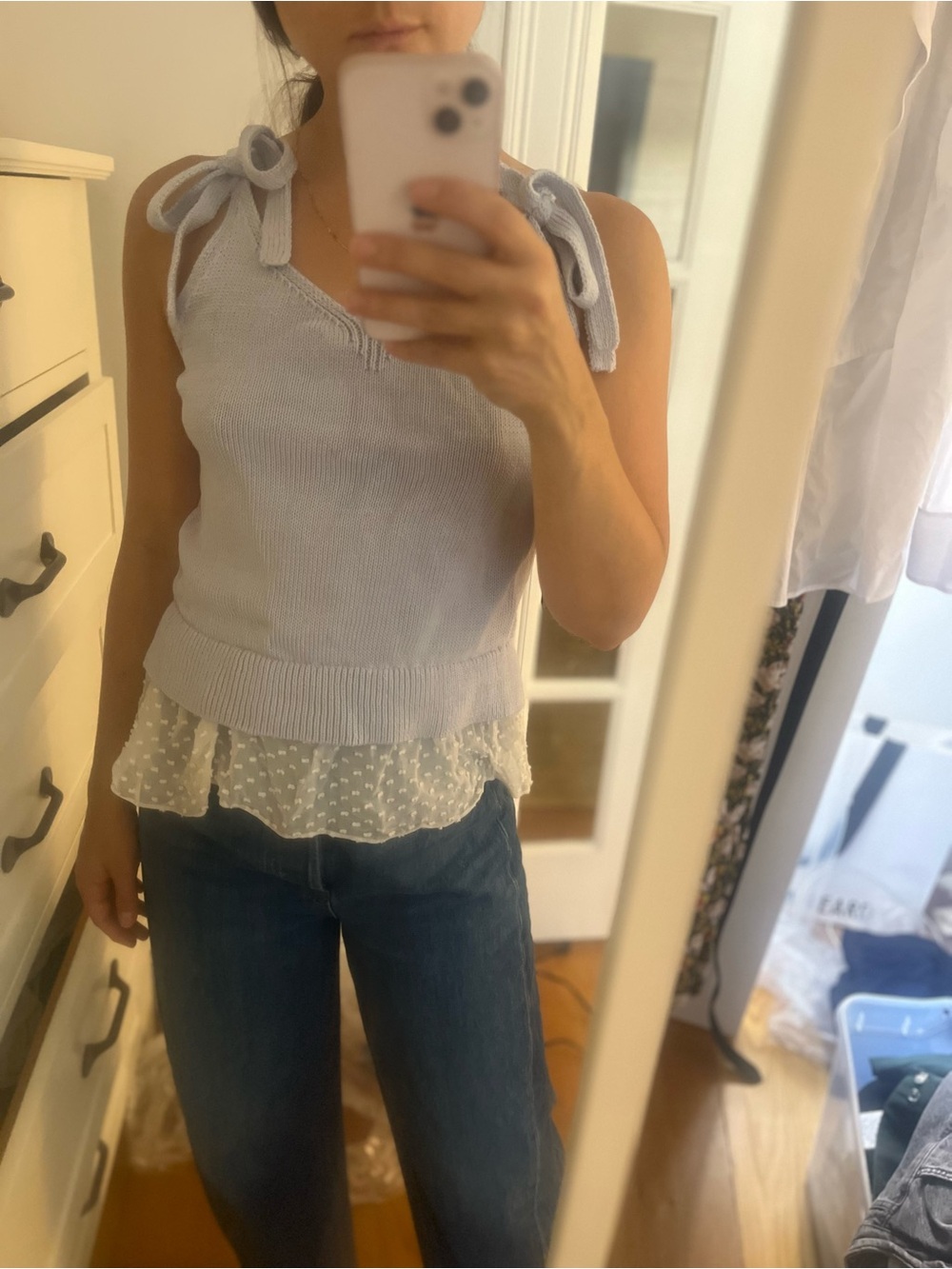 Club Monaco Light Blue Tie-Shoulder Knit Tank with Dotted Ruffle